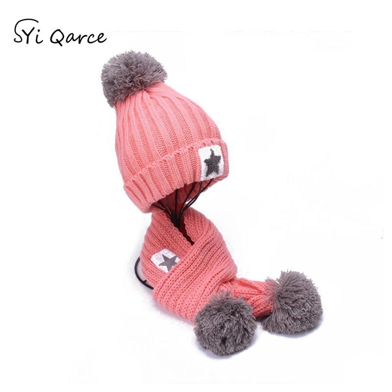 SYi Qarce, комплект из 2 предметов, детская зимняя теплая вязаная шапка с шарфом, лучший рождественский подарок для От 3 до 12 лет, девочек, мальчиков, Студенческая NT062-8 - Цвет: Pink