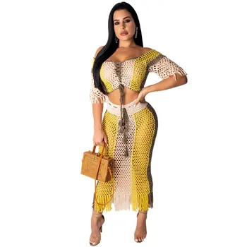 

Fashion Women Sexy Lace Up Hollow Out Two Piece Set Striped Bodycon Slash Neck Short Sleeve Tassel Beach Two Piece Outfit