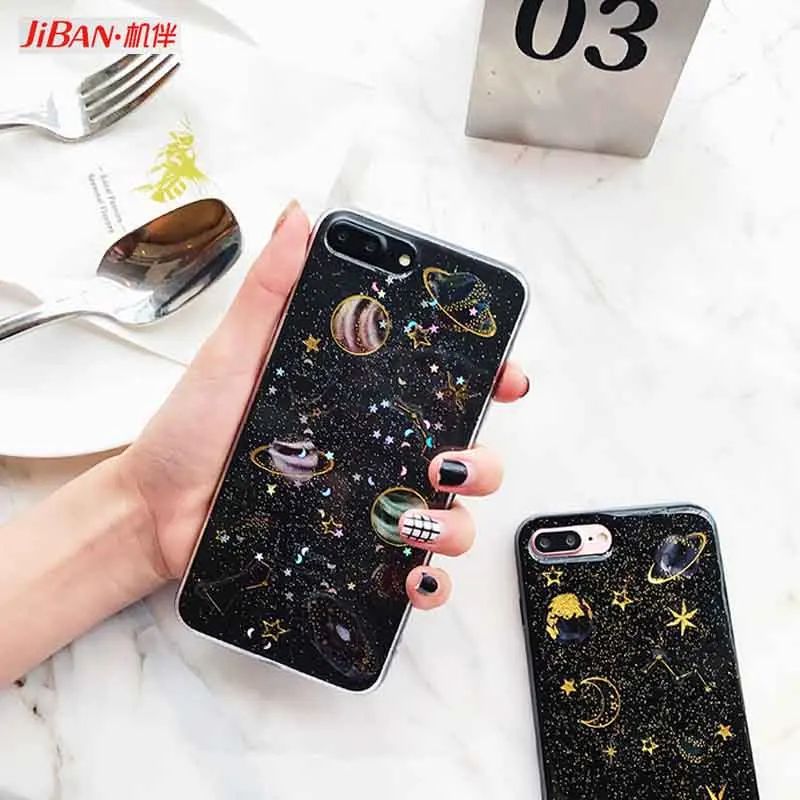 

JiBan Cute Space Planet Glitter Phone Case for iphone 7 7Plus Soft Silicon Phone Back Cover For iphone X XR XS 6s 6splus 8 8P