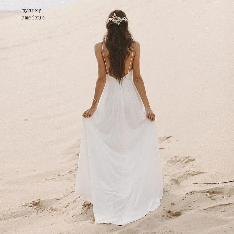 

Cheap Beach Sexy Wedding Dress Spaghetti Strap Boho V Neck Open Back Bridal Dresses 2019 Chiffon High Split Lace Wedding Gown