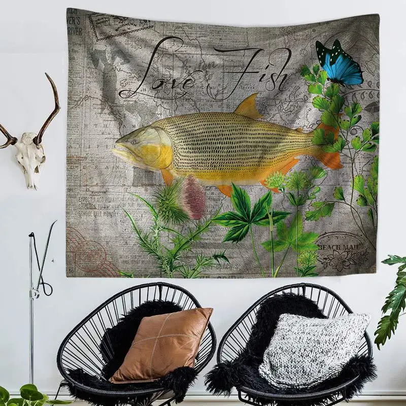 

Mediterranean Sea Fish Printing Tapestry Macrame Wall Hanging Beach Towel Boho Decor Home Mexican Kitchen Window Decoration