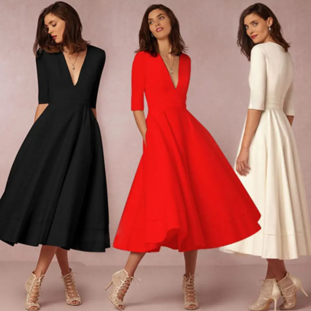 Офисное женское сексуальное вечернее платье OL Lady Deep V Neck Half Sleeve Solid color Длинные