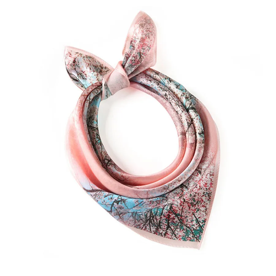 

[Lakysilk]100% Silk Scarf Women Square Shawls Floral Print Vintage Bandana Scarves Ladies Silk Satin Neck Hair Head Scarf 55cm
