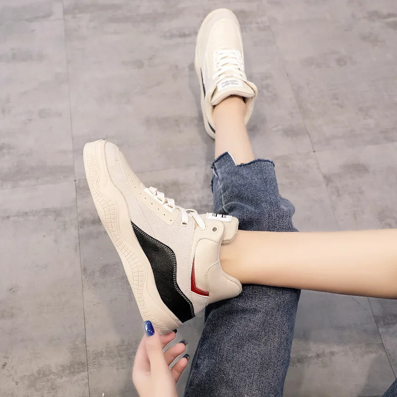 JINBEILEE Women's Winter Plus Velvet Skate Shoes Harajuku Wild Students Thick-soled Casual Shoes Genuine Leather