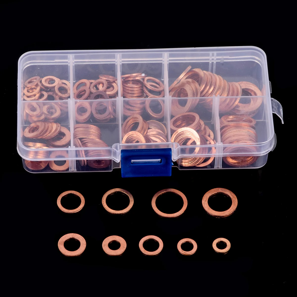 200pcs Assorted Copper Washer Flat Ring Seal M5-M14 Gasket Set Assortment Kit with Box For Hardware Accessories