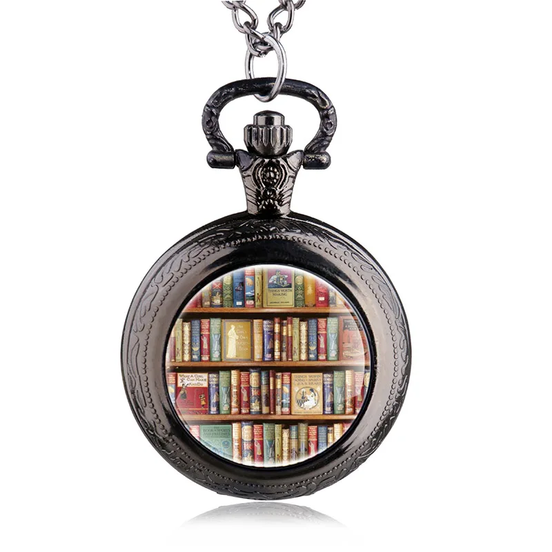 Черный Винтаж книги кварцевые карманные часы с Цепочки и ожерелья цепь библиотека брелок часы подарок для студентов HB848 - Цвет: Черный