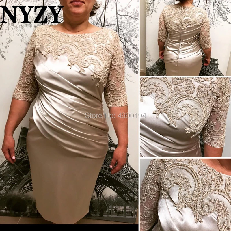 Vestido corto para madre de la novia, prenda de satén, plisado con cuentas, para fiesta, coctel, color champán, NYZY M221, 2019|Vestidos para la madre de la novia| -