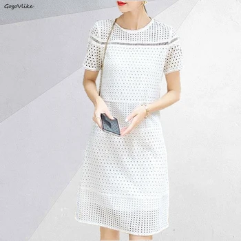 

Girl Embroidery Mini Dress Summer Hollow Out White Cotton Dress Short Sleeve Elegant Korean OL Work Office Vestido LT587S50