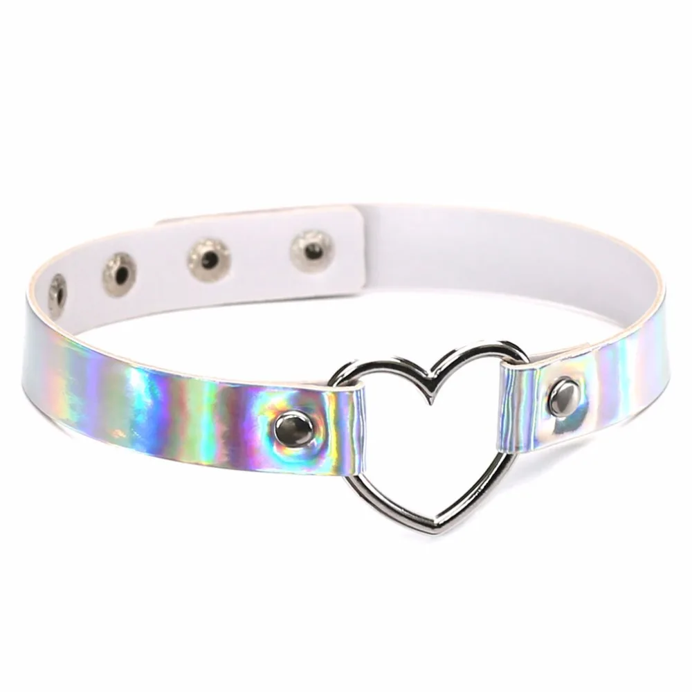 

New Fashion Sexy Harajuku Handmade Heart Pendant Choker Laser Light Necklace Punk Leather Collar Chocker Necklace Spikes Torques