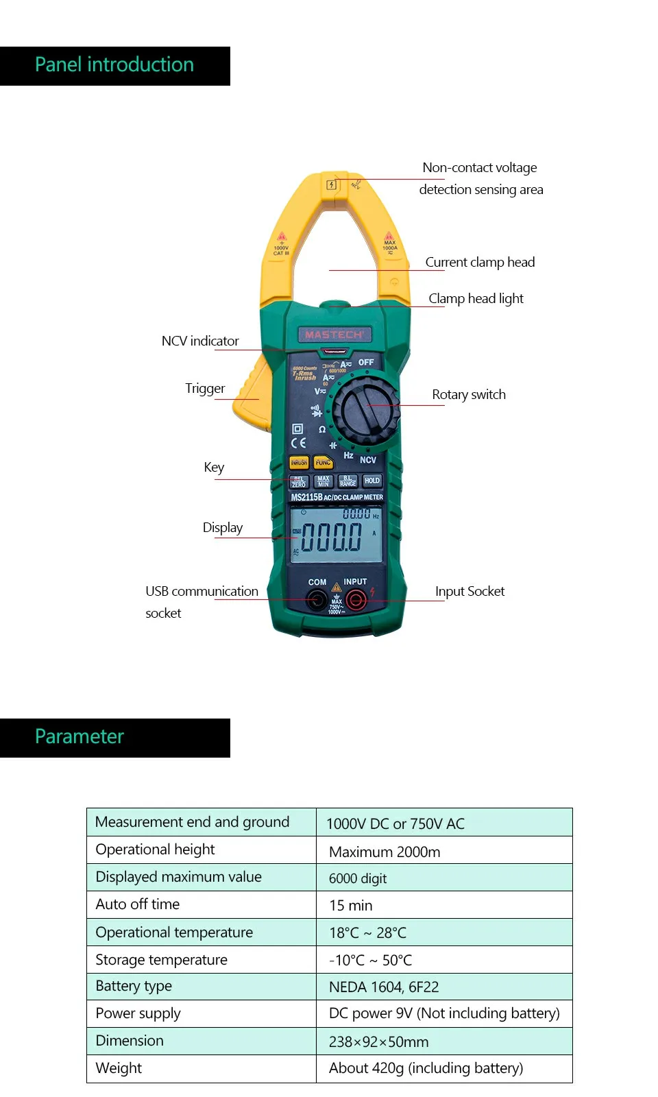 MASTECH MS2115B цифровой токоизмерительный прибор, переменный/постоянный ток, напряжение 6000 отсчетов NCV trms, usb-клещи, мультиметр, тестер 1000A