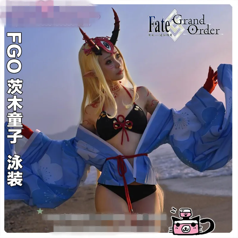 Anime Fate/Grand Order Ibaraki Douji 2018 Summer Bikini Cosplay Costume Halloween Uniform Bikini+Coat+Horn+Headband S M L | Тематическая