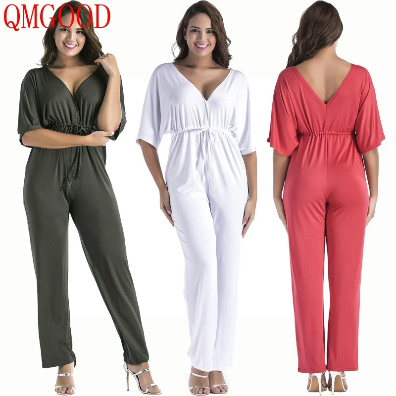 

QMGOOD Fat MM Female Loose Jumpsuit Sexy V Collar Overalls Short Sleeve Drawstring Solid Plus Size Jumpsuit Women Pants Suits