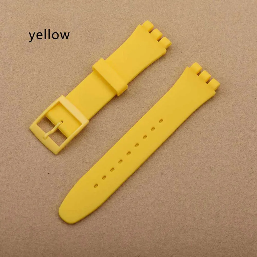Желтый 17 мм 19 мм силиконовая резинка часы ремни для мужчин и женщин часы Swatch Черный Синий Белый каучуковый ремешок пластиковые пряжки