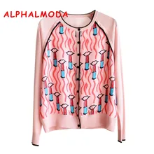 ALPHALMODA, модный Свободный вязаный кардиган с принтом, длинный рукав, принт в виде губных палочек, Женский Повседневный осенний свитер