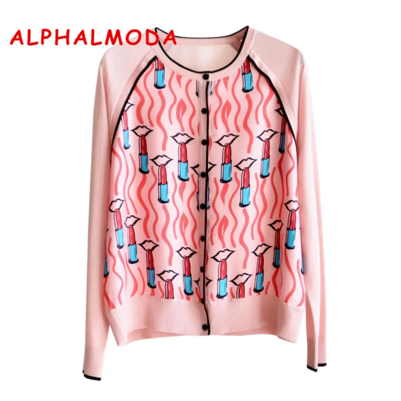

ALPHALMODA 2018 Fashion Printed Loose Knitted Cardigans Long Sleeved Lip Sticks Printed Women Casual Autumn Fall Sweater