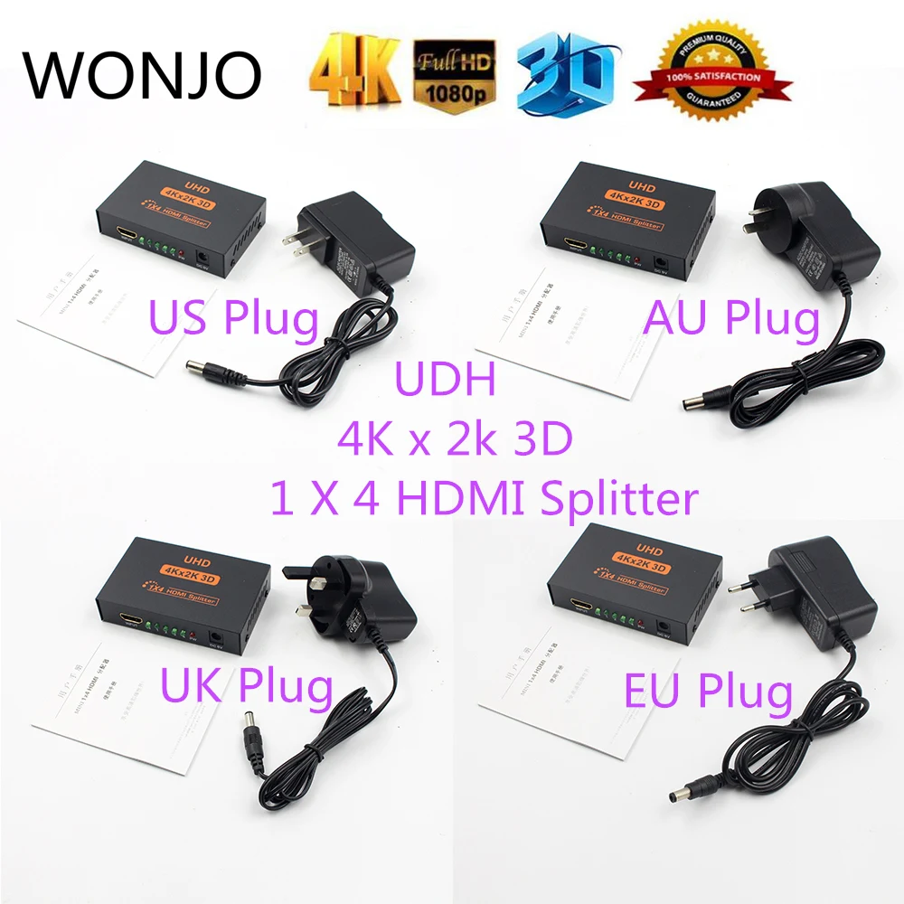 

4Kx2K 3D 1X4 HDMI Splitter 4 Port Repeater Amplifier Hub 1080p 1 In 4 Out 5V/2A EU/US/UK/AU Plug Power Adapter For HDTV DVD PS3