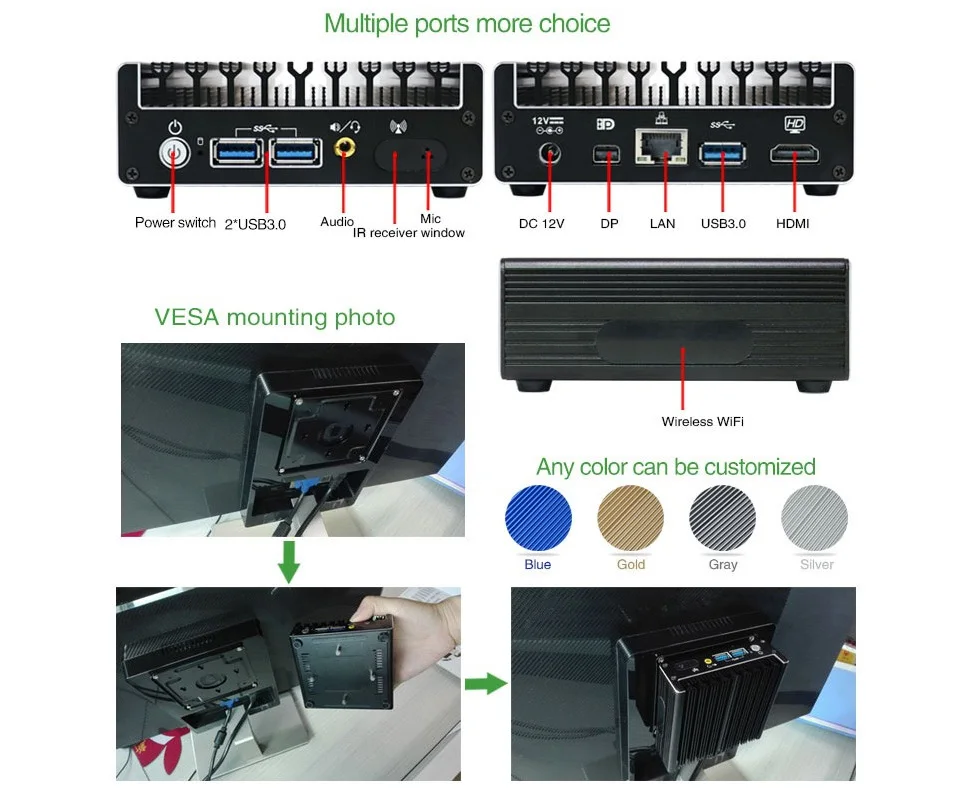 Причастником Алюминий сплава без вентилятора NUC мини-ПК с i3 5010U i5-5200U i7 5500U процессор