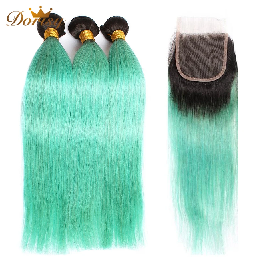 

T1b Green Ombre Bundles With Closure Straight Human Hair Bundles With Closure Lace Closure With Remy Hair Bundles