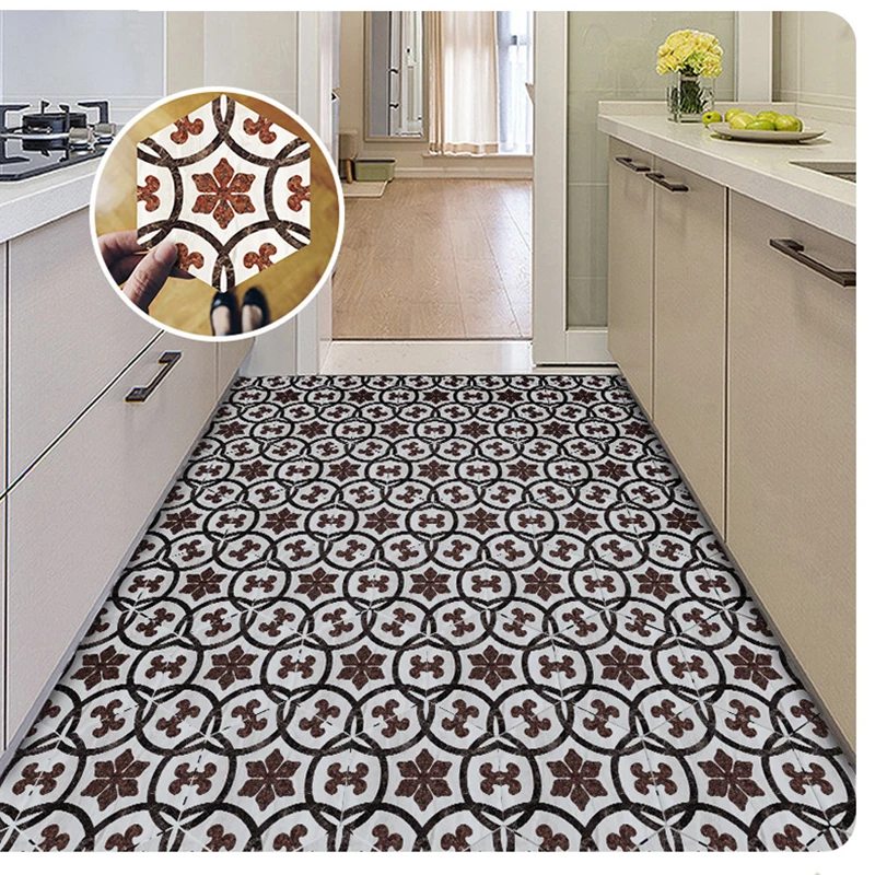 Nordic Style Retro Tile Floor Stickers PVC Bathroom Kitchen Waterproof