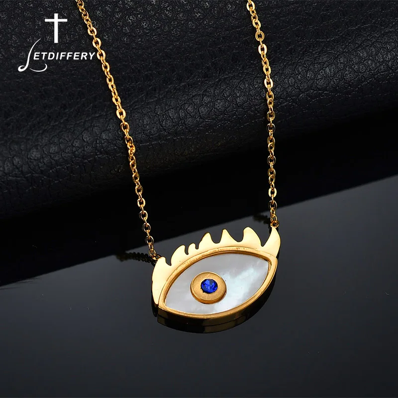 

Letdiffery Trendy Stainless Steel Evil Eye Pendant Necklace CZ Stone Shell Gold Charm Necklace For Women Party Wedding Gifts