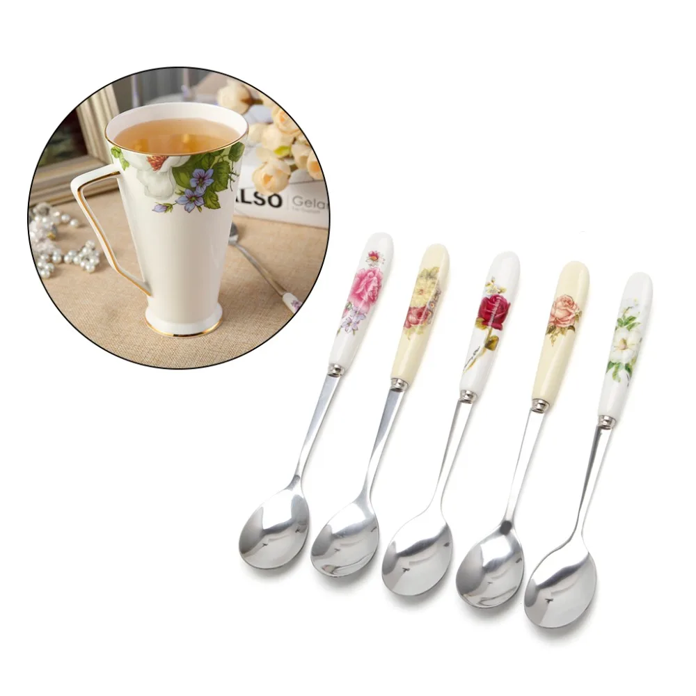

Ceramic Handle Spoon Stainless Steel Dessert Coffee Spoons Ice Cream Teaspoon