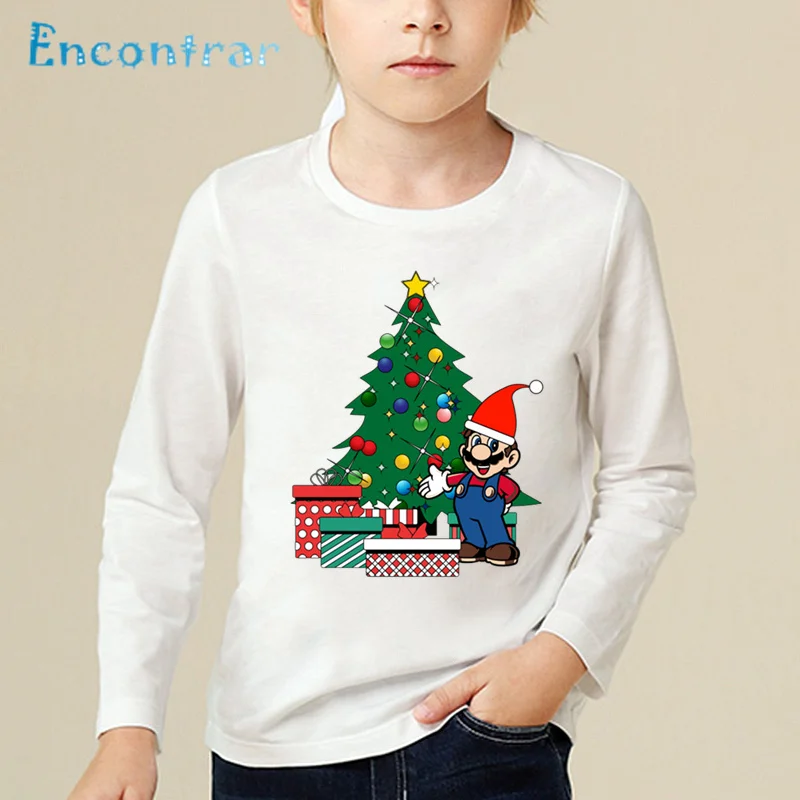 Детская футболка с рисунком «Супер Марио/Луиджи вокруг рождественской елки» детские топы с длинными рукавами, забавная футболка для маленьких мальчиков и девочек LKP5524