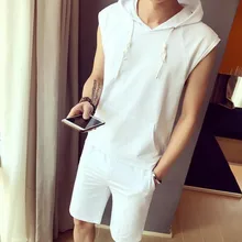 Мужская модная одежда, костюм без рукавов, однотонный пуловер с капюшоном, Повседневная футболка, шорты для мужчин, удобные комплекты полуштанов