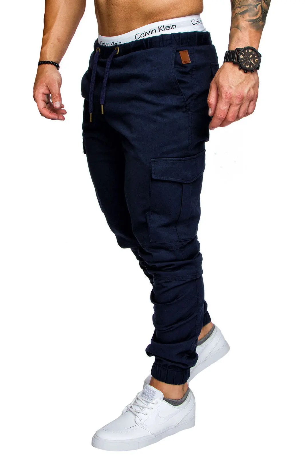 Ropa De Hombre карго прямые брюки карманы полная длина тонкие брюки повседневные мужские брюки карго Брюки мужские уличные плиссированные повседневные - Цвет: Dark Blue