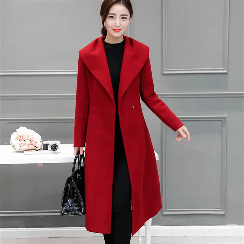 

Elegant Wool Long Coat High Quality Korean Style Bow Belt Fashion OL Red Coat 2018