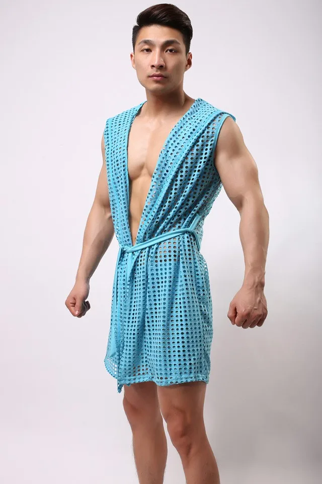 2017 Fashion HOT Men Robes Bathrobe Brand Sexy Fishnet See Inner Men Long Robe Sleepwear Mesh Hoodie Sleep Lounge Size S M L red and black plaid pajama pants