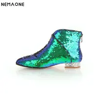NEMAONE New shiny bling women low heels ankle boots poined toe ladies boots party dress casual shoes woman large size 42 43