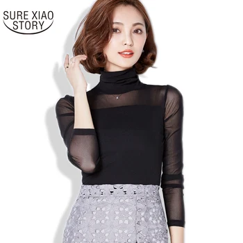 

spring and autumn 2016 turtleneck solid new fashion all-match sexy slim lace and blouses yarn bottoming female shirt 63i 30