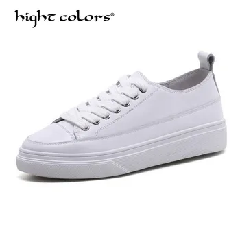 

HIGHT COLORS Brand Spring Women Flat Platform Shoes Genuine Leather Lace Up Flats Shoes Female Casual Ladies White Shoes HC-515