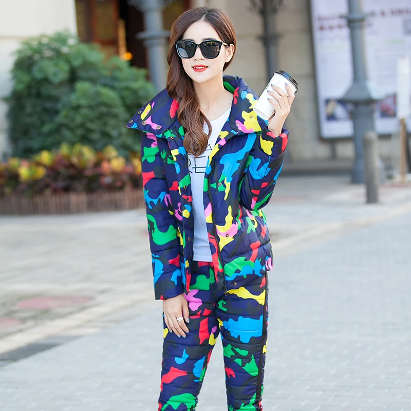 

tracksuit for women 2019 women's winter camouflage down cotton-padded jacket +cotton down pants suit female Retro two-piece set