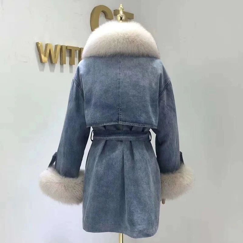 TopFurMall) Европейская зимняя женская парка куртка пальто лисий меховой воротник и манжеты Женская теплая верхняя одежда LF5176