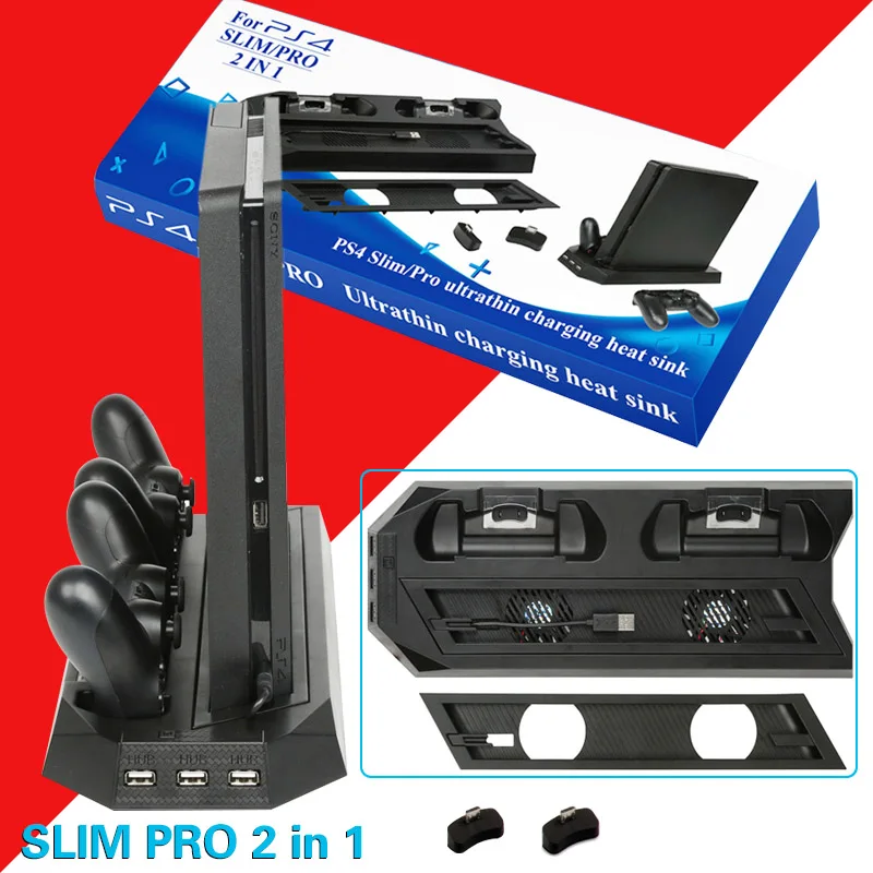  PS4 2 In 1 Vertical Stand with Dual Controller Charging Station Dock 3 HUB Port Cooling fan for Son