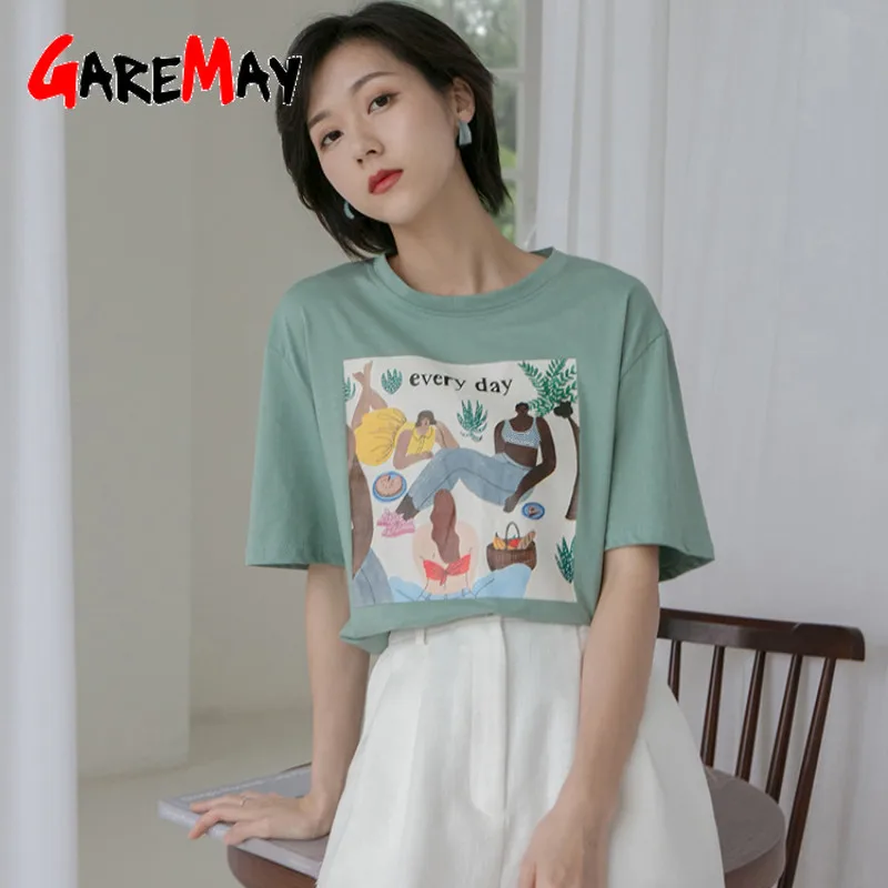 

Short Sleeve white t-shirt female cotton O-neck funny vintage korean style women's t shirts print tee shirt femme summer tops