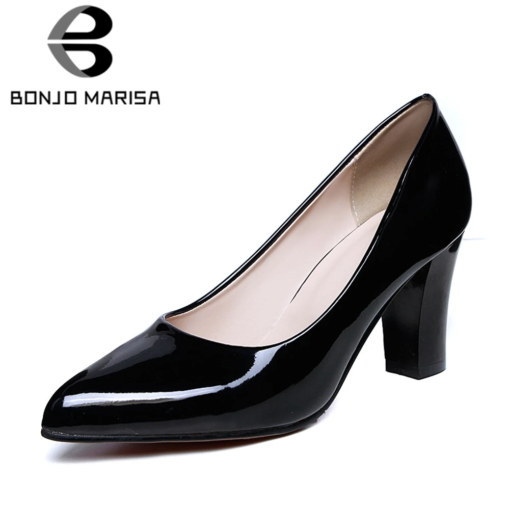 

BONJOMARISA Plus Size 31-47 Brand New Patent Pu Pointed Toe Shallow High Heels Pumps Shoes Woman Black Office Shoes Women