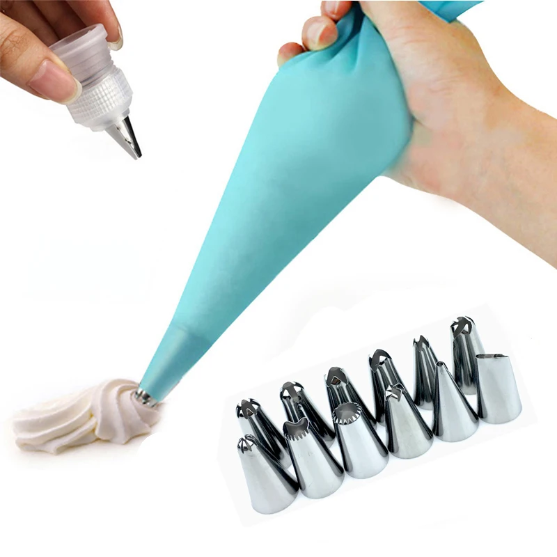 

14Pcs/Set Silicone Icing Piping Cream Pastry Bag +12PCS Stainless Steel Nozzle Pastry Tips Converter DIY Cake Decorating Tools