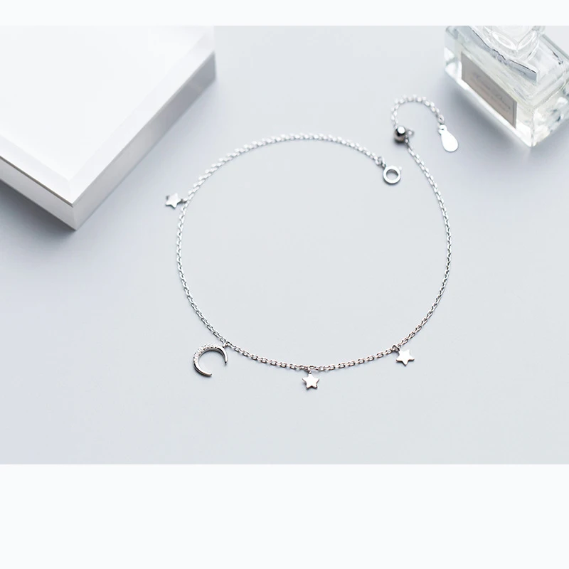 MloveAcc 925 Sterling Silver Women Anklets Jewelry Star Moon Charm Ankle Bracelet 925 Sterling Silver Jewelry for Gift