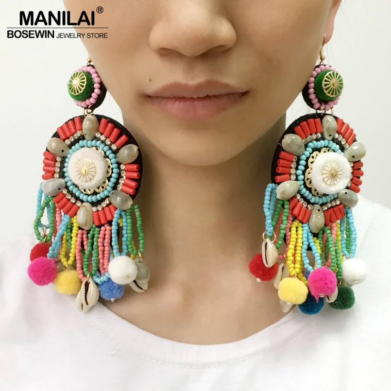 MANILAI Multicolor Pom Pom Beaded Tassel Earrings Boho Jewelry Ethnic Statement Dangle Drop Earrings With Shell Big Pendientes