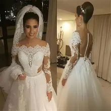 Sexy Sheer Back A-line Long Sleeve Wedding Gowns Bridal Wedding Dress Vestidos De Novia Vintage 2016 With Appliqued KS40