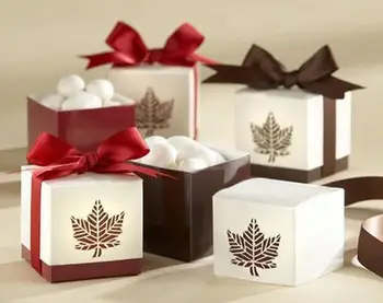 

Free shipping 100pcs/lot Maple Leaves Square Candy Box With Ribbon Wedding Favor