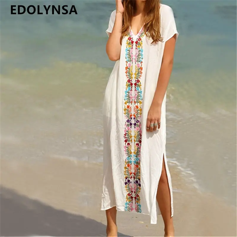 

New Arrivals Beach Cover up Rayon Embroidery Swimwear Ladies Vintage Pareo Kaftan Beach Swimsuit Robe de Plage Beachwear #Q18