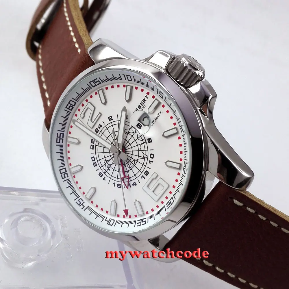 

44mm Debert white dial date window GMT automatic leather strap mens watch D1
