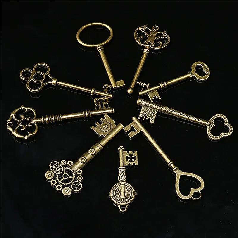 KiWarm 9 шт. Большой античный винтажный Старый латунный скелет ключи много шкаф баррель замок ожерелье кулон Декор DIY ювелирные изделия