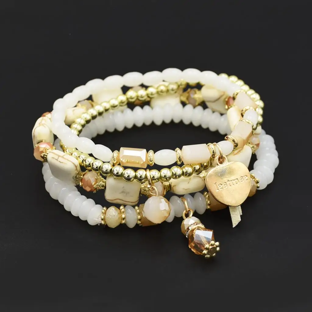 4Pcs Women Bohemian Multilayer Bangle Crystal Acrylic Beads Charm Bracelet