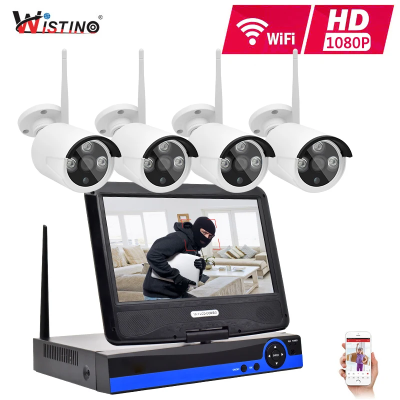 

Wistino 4CH Wireless CCTV Security System Kits HD 1080P Wifi Kit IP Camera Outdoor Video Monitor IR LCD NVR Screen Surveillance