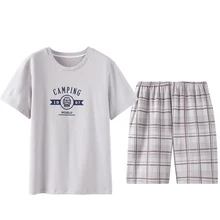 Новая летняя пижама из хлопка, Мужская пижама с круглым вырезом, повседневная, плюс размер, Мужская одежда для сна, короткий топ+ полосатые короткие штаны