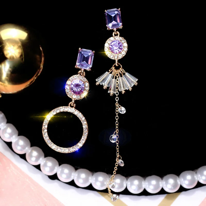 1 Pair Boho Female Crystal Purple Zircon Drop Earrings Asymmetric Tassel Earrings Wedding Jewelry Long Dangle Earrings For Women